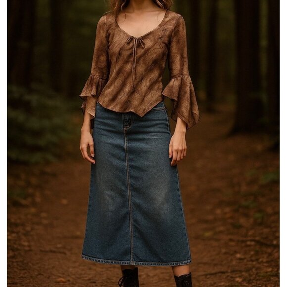 Y2K Forest Fairy Brown Patterned Top Boho Whimsical Size Small Women's - Picture 1 of 5